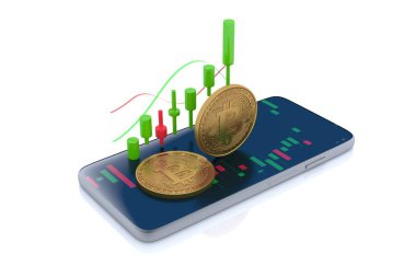Bitcoin Satım, Bitcoin ticaret, mobil Döviz - 3d render Illustrator ticaret