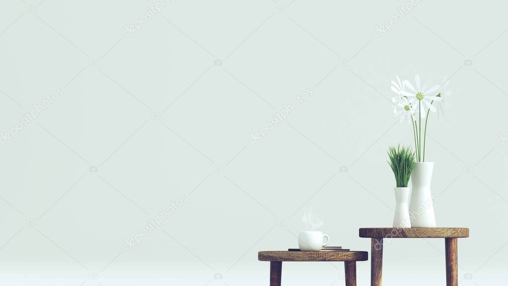 White flower vase on wooden chair , 3d rendering