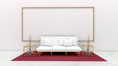 Duvarda oturma odası ve beyaz tahta 3d render, liv kadar alay