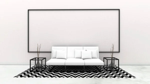 3d renderização de sala de estar e quadro branco na parede, simular liv — Fotografia de Stock
