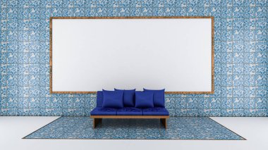 Kiremit duvarda oturma odası ve beyaz tahta 3d render, li kadar alay