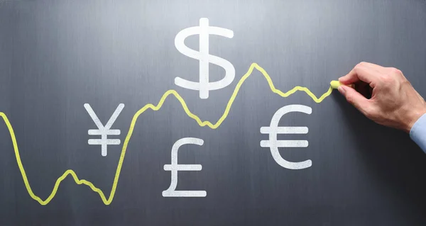 Tekening grafiek van wisselkoers op schoolbord. — Stockfoto
