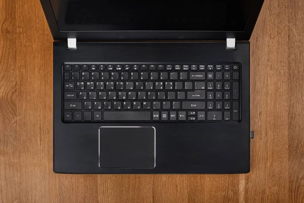 Laptop Computer Keyboard Wooden Table View Top — Stock Photo, Image