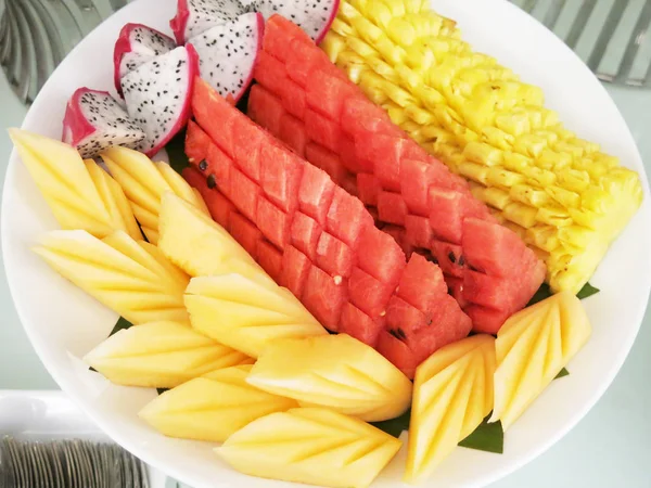 Sliced Tropical Fruits Table Top View — Stockfoto