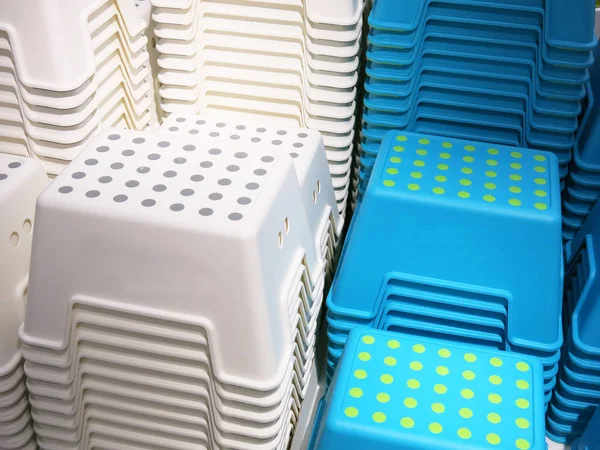 plastic boxes in store, close-up 