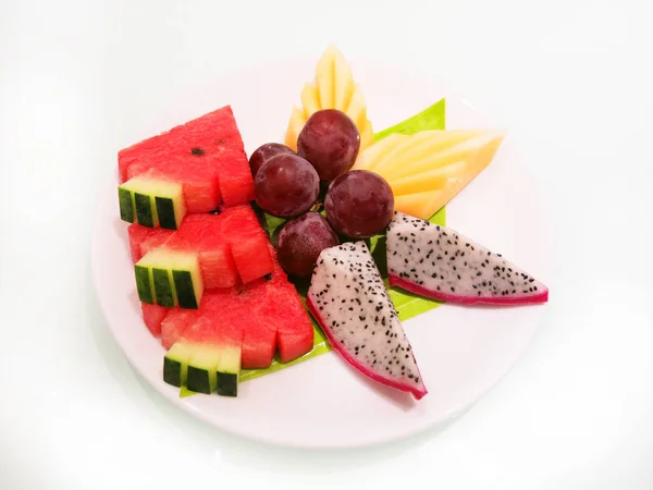 Fresh Tasty Fruits Slices White Plate — Stok Foto