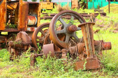 Eski paslı metal detayları yeşil çimlerde