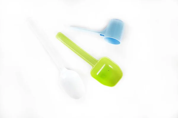 Close View Colorful Plastic Spoons White Background — Stock Photo, Image