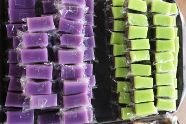 close-up view of delicious purple and green sweet dessert