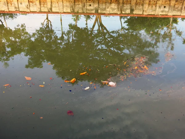 Teich Mit Wasser Schwimmendem Müll — Stockfoto