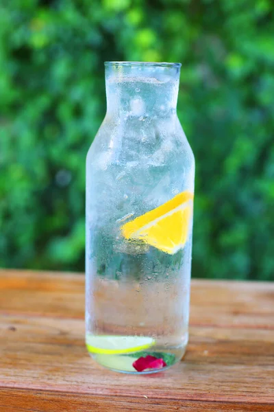 Close View Glass Bottle Lemonade Wooden Table Garden Summertime — Stock Photo, Image