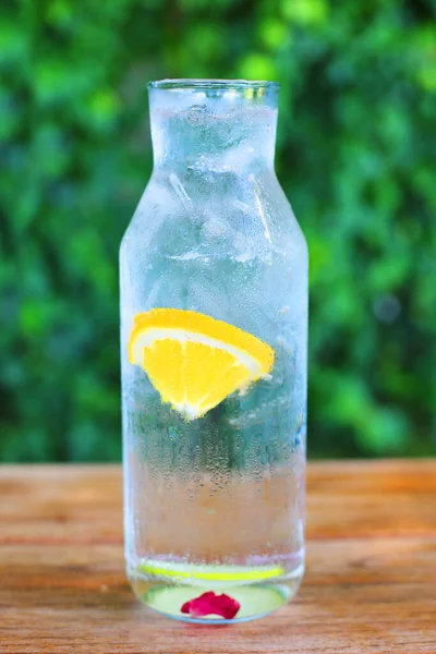 Close View Glass Bottle Lemonade Wooden Table Garden Summertime — Stock Photo, Image