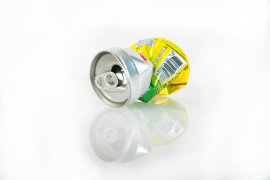 close-up view of used soda can on white background