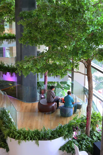 people and green plants in modern building in the city