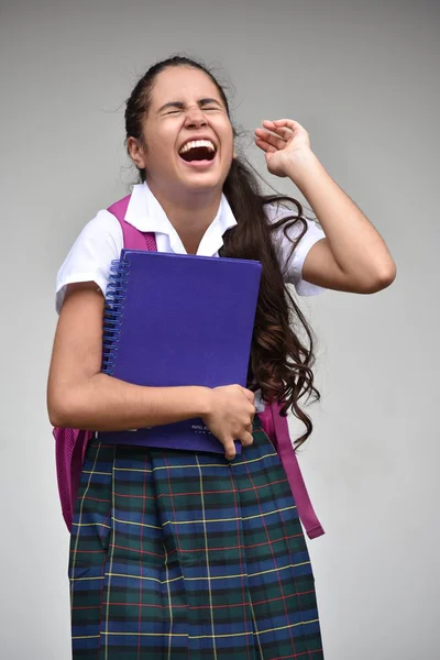 Catholique Colombienne Fille Étudiant Rire Portant Uniforme Scolaire Avec Ordinateur — Photo