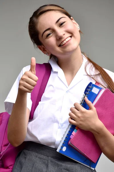 Estudante Colombiano Católico Adolescente Escola Menina Com Polegares Para Cima — Fotografia de Stock