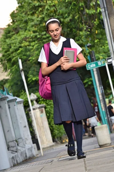 Female College Student Wearing Uniform Walking Sidewalk — Stock Photo, Image