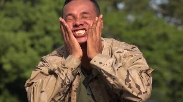 Stressed Hispanic Male Soldier Wearing Camo — Stock Video