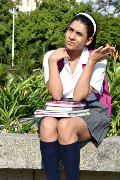 Female Student Confusion Wearing Uniform Sitting — Stock Photo, Image