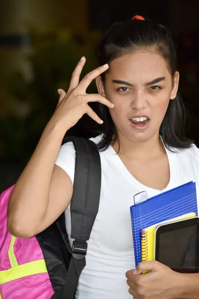 Stressed Cute Minority Student Teenager School Girl Notebooks — Stock Photo, Image