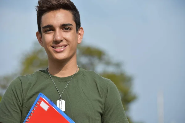 Hispânico Masculino Adolescente Militar Estudante Felicidade — Fotografia de Stock