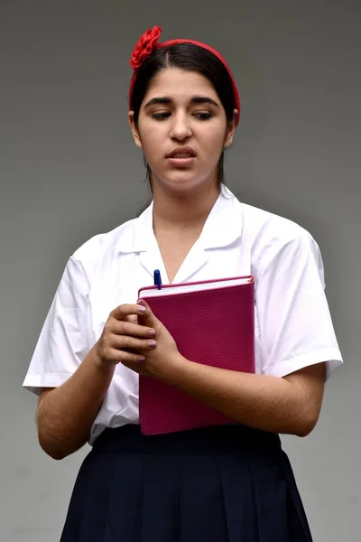 Unhappy Catholic Colombian Girl Student Wearing Uniform — Stock Photo, Image