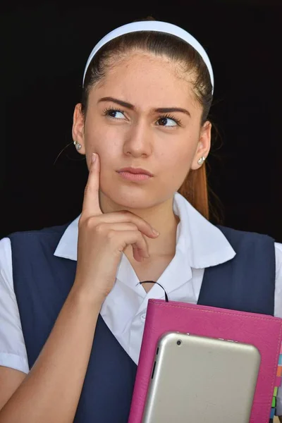 Catholic Colombian Girl Student Thinking Wearing School Uniform Books — Stock Photo, Image