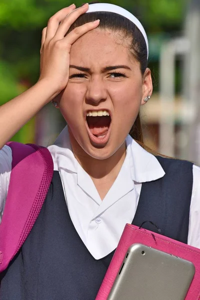 Chica Estresada Estudiante Vistiendo Uniforme Escolar —  Fotos de Stock