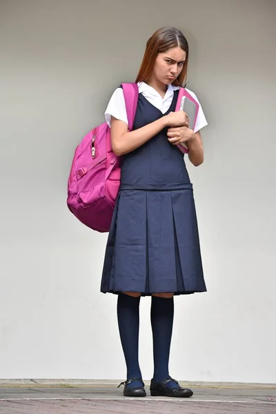 Estudante Infeliz Adolescente Menina Escola Com Livros — Fotografia de Stock