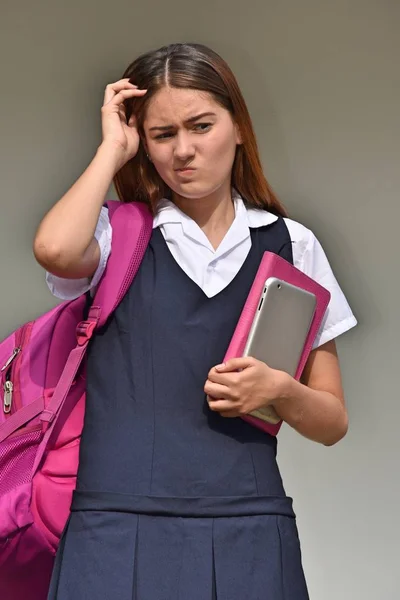 Católica Colombiana Chica Estudiante Confusión Vistiendo Uniforme Escolar —  Fotos de Stock