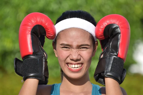 Stressful Female Athlete Wearing Boxing Gloves — Stock Photo, Image
