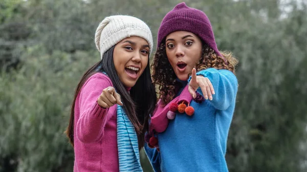 Feminino Menina Amigos Inverno Apontando — Fotografia de Stock