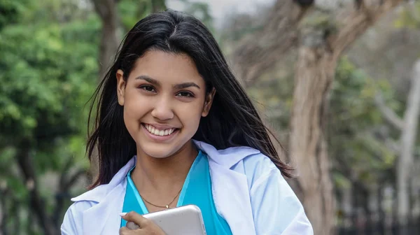 Peruvian Female Doctor Smiling Wearing Lab Coat