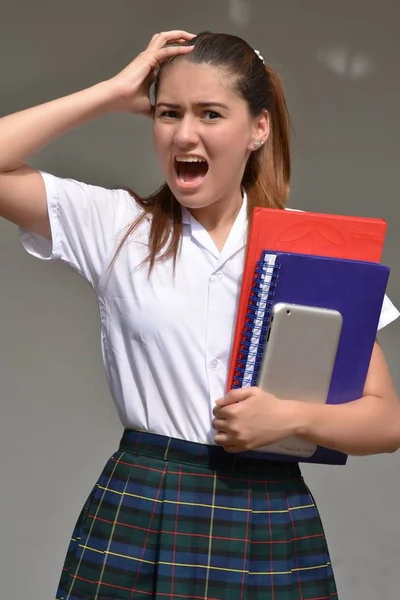 Estressante Menina Estudante Vestindo Uniforme Com Livros — Fotografia de Stock