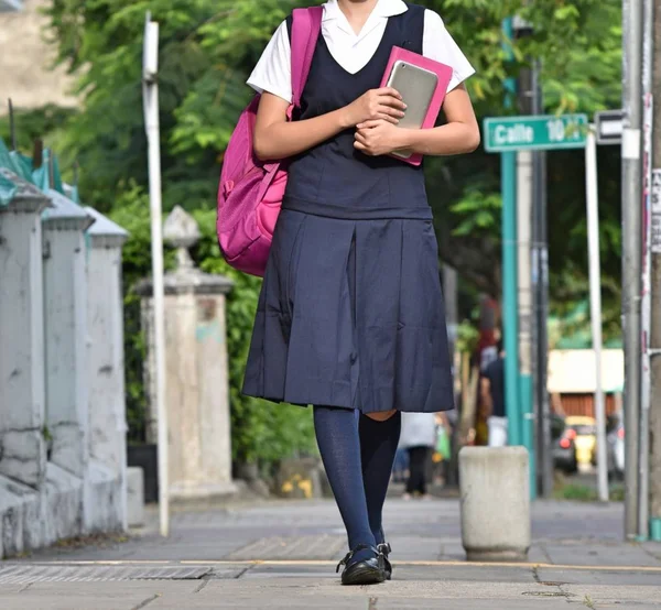 Estudiante Preparación Femenina Vestida Uniforme Caminando Por Acera — Foto de Stock