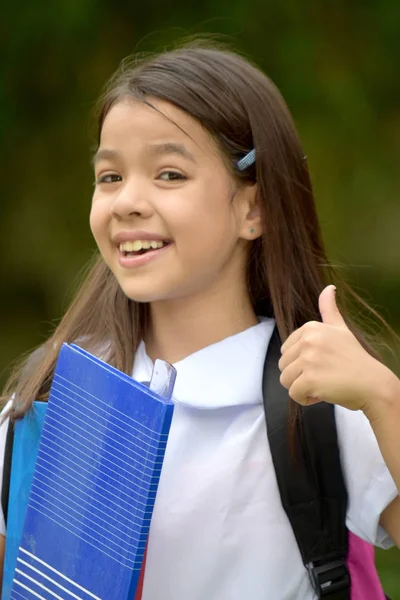 Estudante Bonita Menina Felicidade Vestindo Uniforme Escolar Com Cadernos — Fotografia de Stock