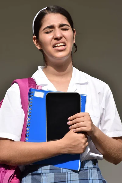 Stressvolle Katholieke Colombiaanse Vrouwelijke Student Schooluniform Dragen — Stockfoto