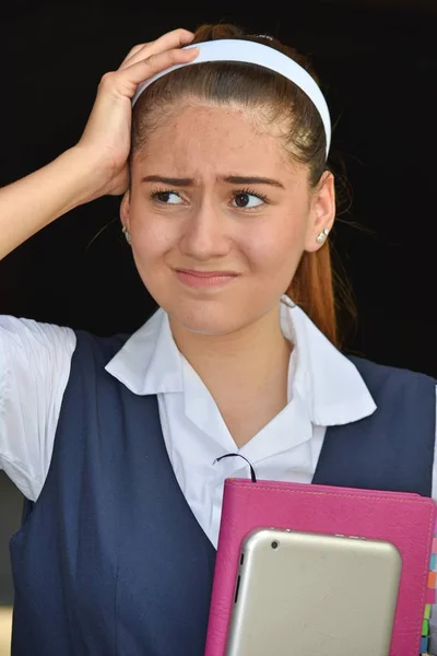 Estudante Colombiana Católica Sob Estresse Vestindo Uniforme — Fotografia de Stock