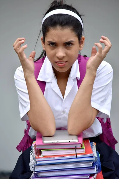 Cute Colombian Girl Student Stress Wearing Uniform Notebooks — Φωτογραφία Αρχείου