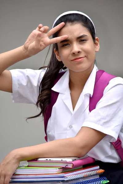 Cute School Girl Peace Sign — Stock Photo, Image