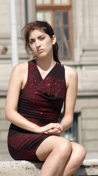 Unhappy Youthful Latina Person Sitting Bench — Stock Photo, Image