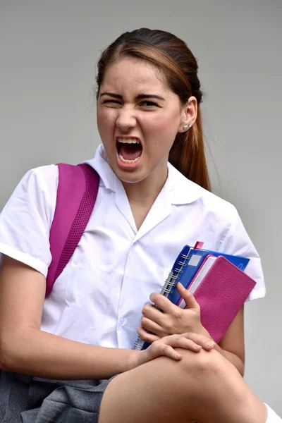 Menina Estudante Sob Estresse Vestindo Uniforme Escolar — Fotografia de Stock