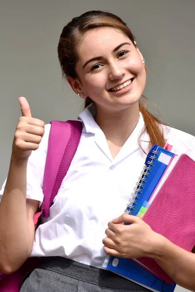 Menina Estudante Com Polegares Para Cima Vestindo Uniforme — Fotografia de Stock