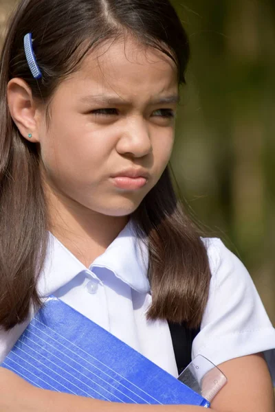 Érzelemmentes Lány Diák Fárasztó Iskolai Egyenruhát Notebook — Stock Fotó