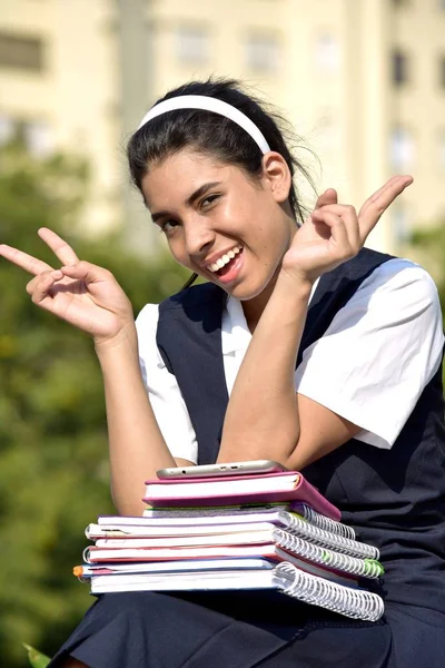 School Girl Peace Sign Wearing Uniform Notebooks — Stock Photo, Image