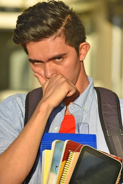 Triste Mâle Étudiant Avec Livres — Photo