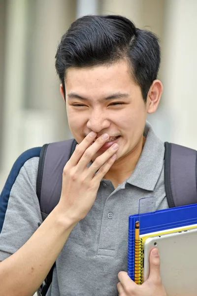 Young Asian Boy Student Laughing With Books — 스톡 사진