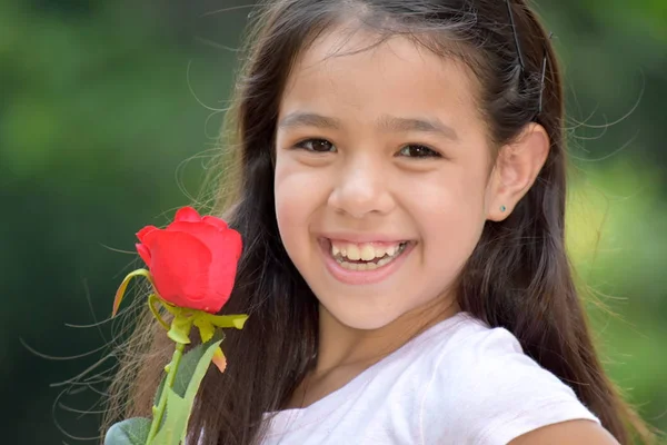 Όμορφη μειονότητα κορίτσι χαμογελά με ένα τριαντάφυλλο — Φωτογραφία Αρχείου