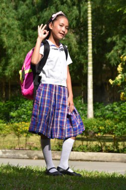 Tamam Katolik Asyalı Kız Öğrenci Not Defterleri ile Okul Üniforması Giyen