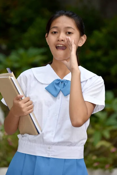 Youthful Filipina Female Student Talking With School Books — 스톡 사진